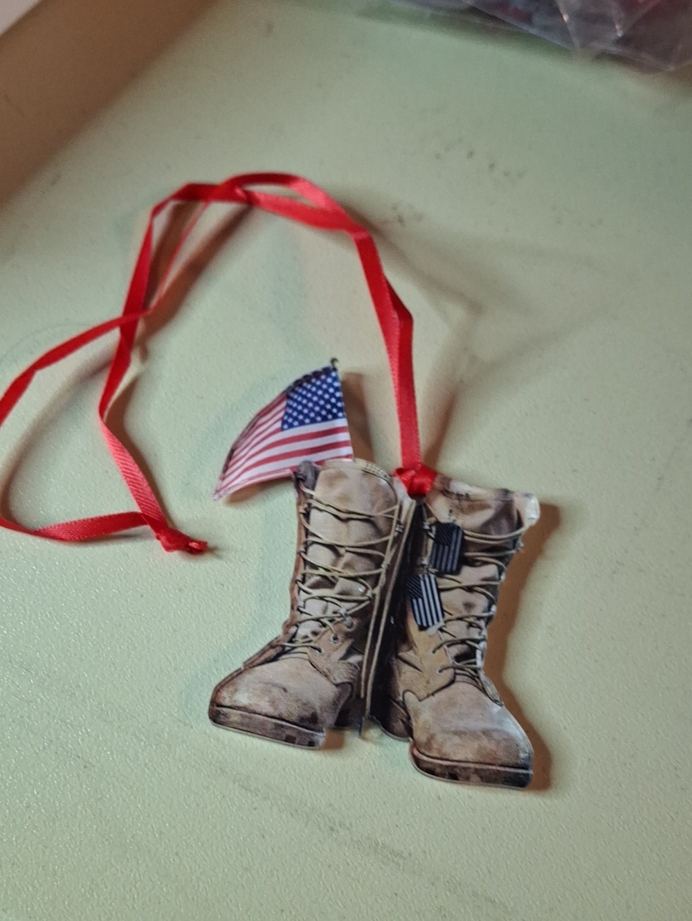 Military Boot Ornament Necklace with Red Ribbon New